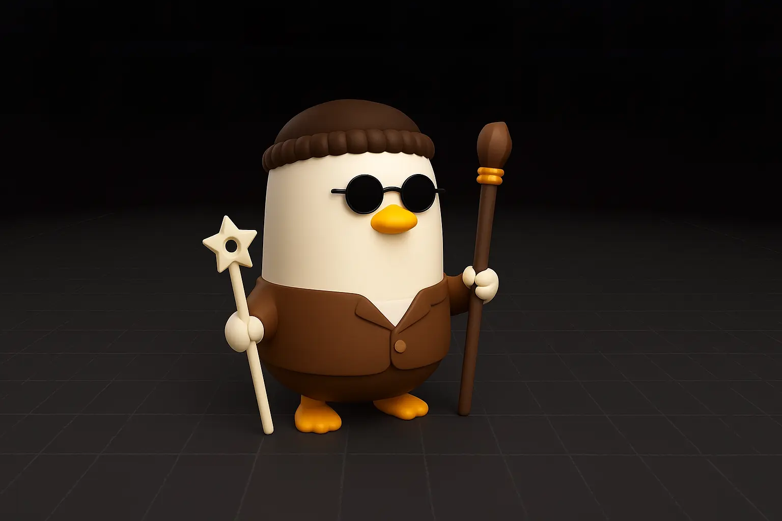 3D rendered character - stylized penguin with sunglasses, hat, and magical staff