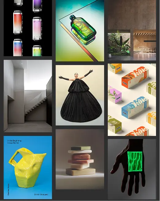 Design portfolio gallery showcasing various creative works including product design, architecture, and fashion