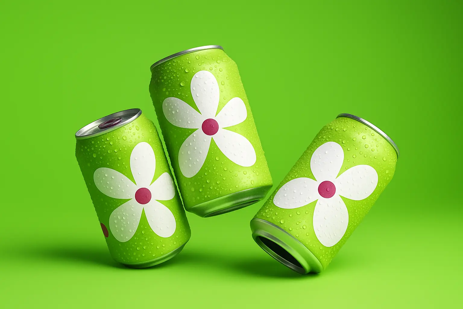 Three green beverage cans with white flower designs and water droplets